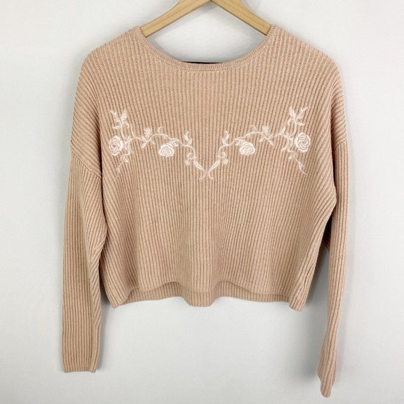 Kendall & Kylie Sweaters - Kendall & Kylie Rose Embroidered Cropped Sweater Dusty Pink Small